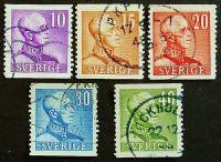 Набор марок (5 шт.). "Король Густав V". 1939-1946 годы, Швеция.