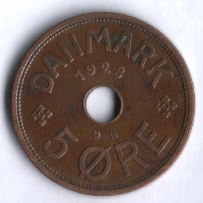 Монета 5 эре. 1928 год, Дания. N;GJ.