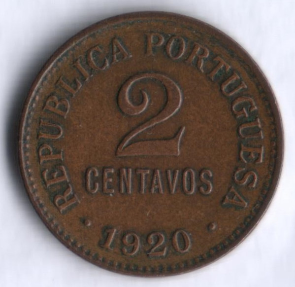 Монета 2 сентаво. 1920 год, Португалия.