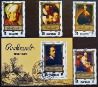 Набор марок (4 шт.) с блоком. "Картины Рембрандта". 1983 год, КНДР.
