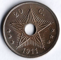 Монета 20 сантимов. 1911 год, Бельгийское Конго.