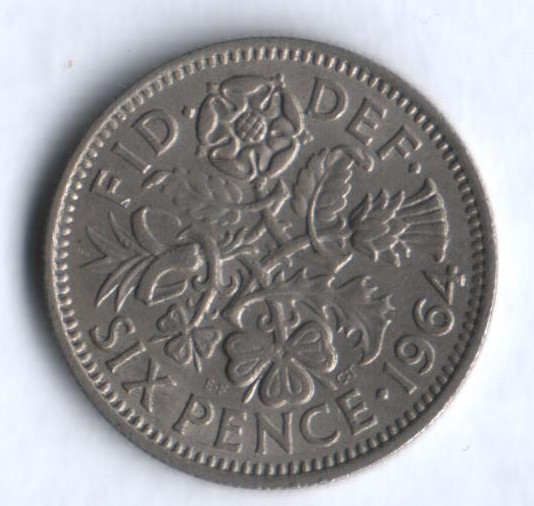 Монета 6 пенсов. 1964 год, Великобритания.