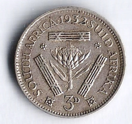 Монета 3 пенса. 1932 год, Южная Африка.