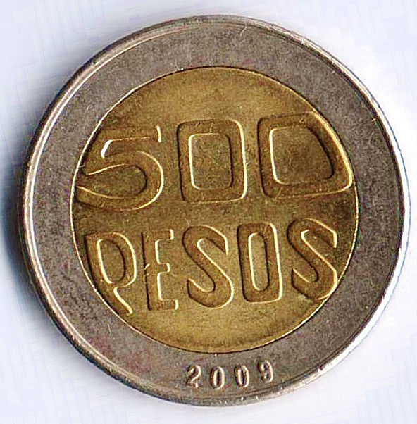 Монета 500 песо. 2009 год, Колумбия.