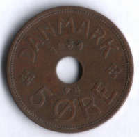 Монета 5 эре. 1934 год, Дания. N;GJ.