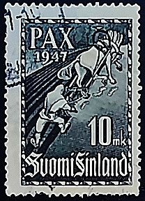 Почтовая марка (10 m.). "Парижский мирный договор". 1947 год, Финляндия. Почтовая марка (10 m.). "Парижский мирный договор". 1947 год, Финляндия.