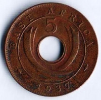 Монета 5 центов. 1937(H) год, Британская Восточная Африка.