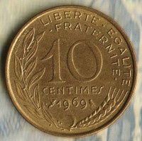 Монета 10 сантимов. 1969 год, Франция.