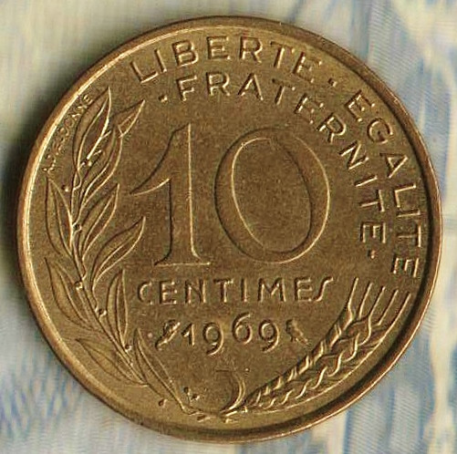 Монета 10 сантимов. 1969 год, Франция.