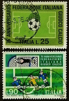 Набор почтовых марок (2 шт.). "75-летие Федерации футбола Италии". 1973 год, Италия.