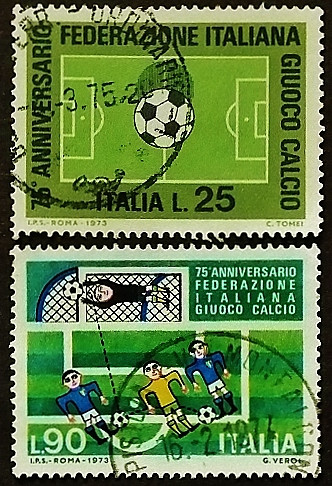 Набор почтовых марок (2 шт.). "75-летие Федерации футбола Италии". 1973 год, Италия.