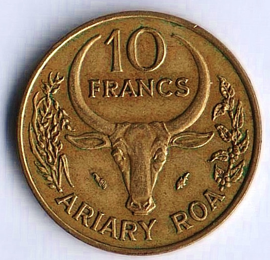Монета 10 франков. 1987 год, Мадагаскар.