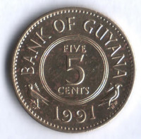 Монета 5 центов. 1991 год, Гайана.