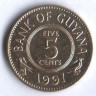 Монета 5 центов. 1991 год, Гайана.