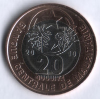 Монета 20 угий. 2010 год, Мавритания.