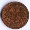 Монета 1 пфенниг. 1914 год (G), Германская империя.