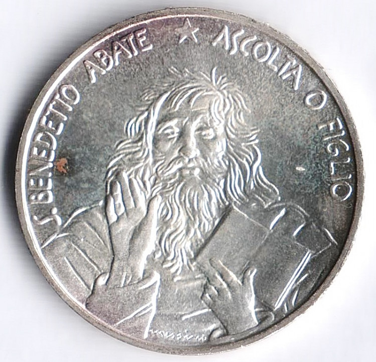 Монета 1000 лир. 1980 год, Сан-Марино. 1500 лет со дня рождения Св. Бенедикта Нурсийского.