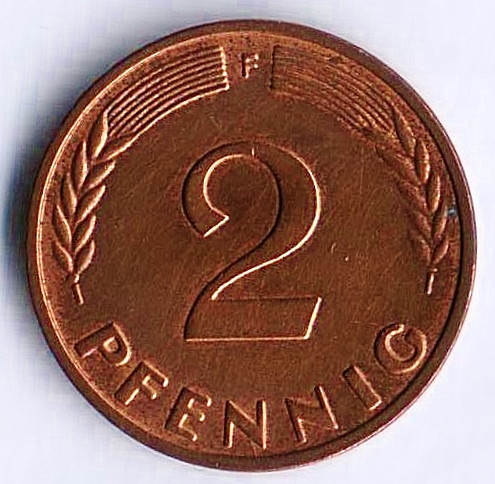 Монета 2 пфеннига. 1959(F) год, ФРГ.