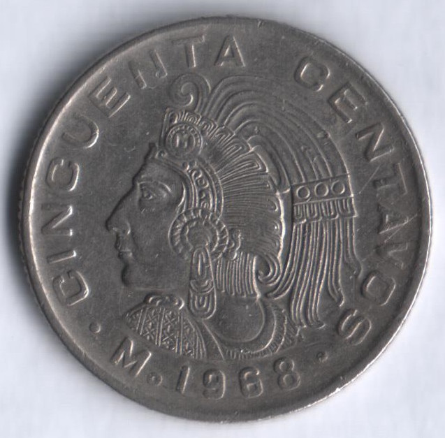 Монета 50 сентаво. 1968 год, Мексика. Куаутемок.