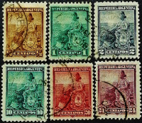Набор почтовых марок (6 шт.). "Сидящая Свобода". 1899 год, Аргентина.