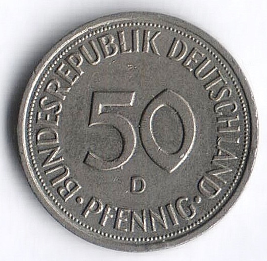 Монета 50 пфеннигов. 1989(D) год, ФРГ.