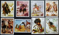 Набор почтовых марок (8 шт.). "Картины о Диком Западе". 1976 год, Парагвай.