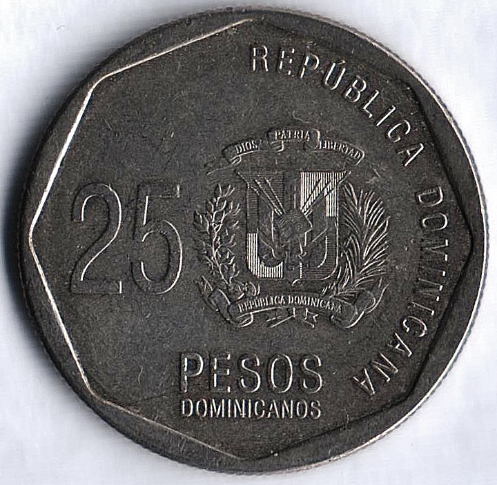 Монета 25 песо. 2020 год, Доминиканская Республика.
