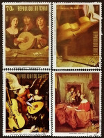 Набор почтовых марок (4 шт.). "Картины с музыкальными инструментами". 1972 год, Чад.