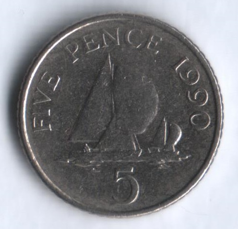 Монета 5 пенсов. 1990 год, Гернси.