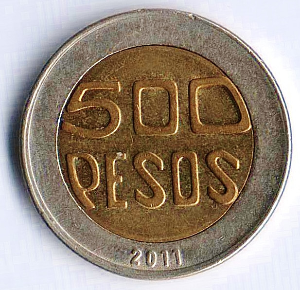 Монета 500 песо. 2011 год, Колумбия.