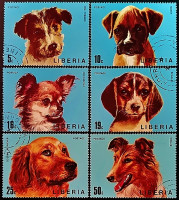 Набор почтовых марок (6 шт.). "Собаки". 1974 год, Либерия.