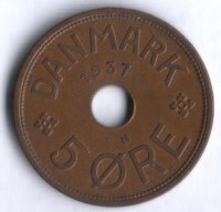 Монета 5 эре. 1937 год, Дания. N;GJ.