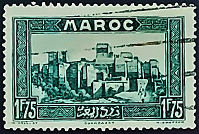 Почтовая марка (1,75 fr.). "Уарзазар: Замок Си Мадани". 1934 год, Марокко.