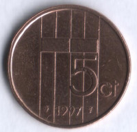 Монета 5 центов. 1997 год, Нидерланды.