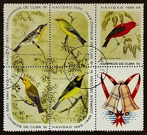 Сцепка марок (5 шт.). "Рождество 1965: Птицы (II)". 1965 год, Куба.