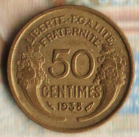 Монета 50 сантимов. 1938 год, Франция.