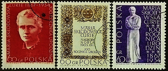Набор почтовых марок (3 шт.). "Мария Склодовская-Кюри". 1967 год, Польша.