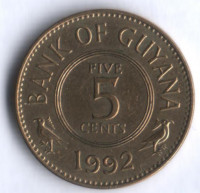 Монета 5 центов. 1992 год, Гайана.