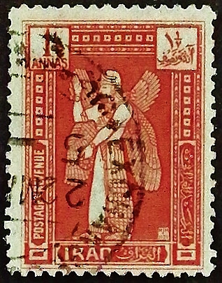Почтовая марка (1⅟₂ an.). "Крылатый херувим с ситулой". 1923 год, Ирак.
