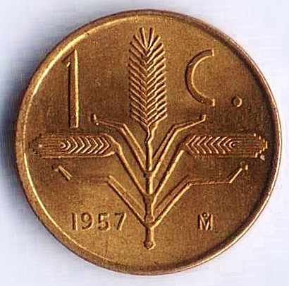 Монета 1 сентаво. 1957 год, Мексика.