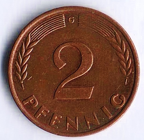 Монета 2 пфеннига. 1959(G) год, ФРГ.