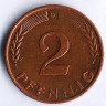 Монета 2 пфеннига. 1959(G) год, ФРГ.