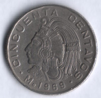 Монета 50 сентаво. 1969 год, Мексика. Куаутемок.