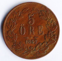 Монета 5 эре. 1857 год, Швеция. "L.A."-маленькие.