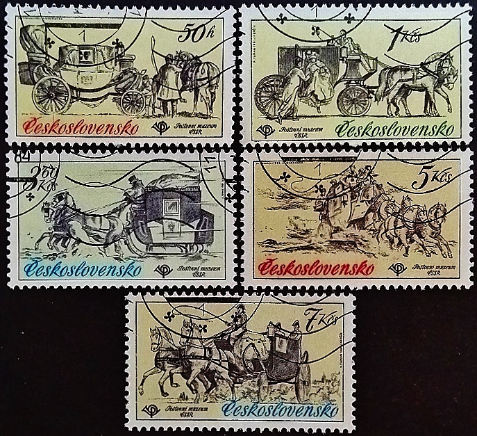 Набор почтовых марок (5 шт.). "Почтовые кареты". 1981 год, Чехословакия.