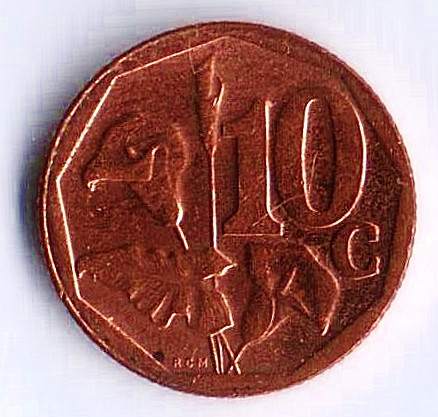 Монета 10 центов. 2014 год, ЮАР. Ningizimu Afrika.