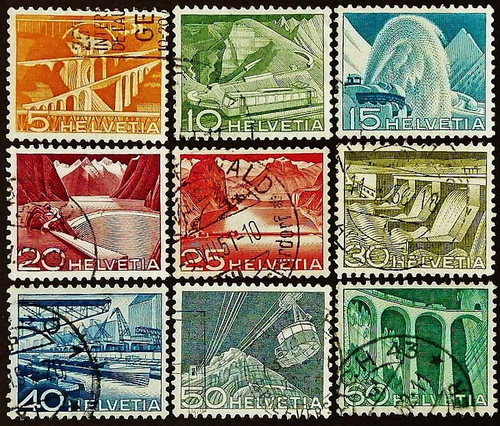 Набор почтовых марок (9 шт.). "Ландшафт и техника". 1949 годы, Швейцария.