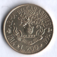 Монета 200 лир. 1994 год, Италия. Карабинеры - 180 лет основания. 
