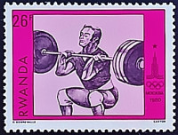 Марка почтовая (26 f.). "Тяжёлая атлетика". 1980 год, Руанда.