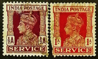 Набор почтовых марок (2 шт.). "Король Георг VI". 1939-1942 годы, Британская Индия.